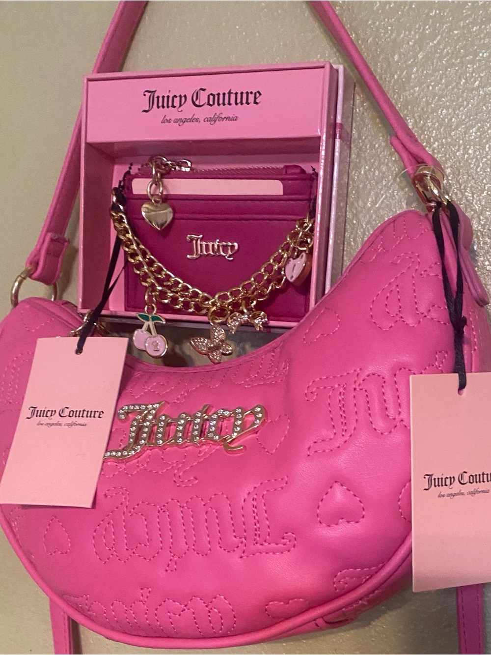 Juicy Couture Hot Pink Bundle set purse charms card holder NWT
